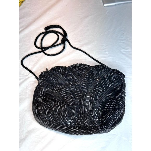 Vintage Beaded Black Evening Purse Crossbody Zip Closure Shoulder Strap Scallop - Picture 3 of 9